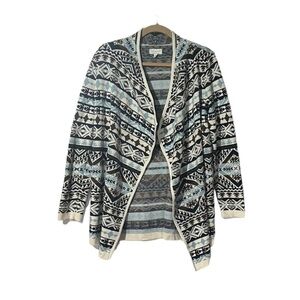 Lucky Brand Open-Front Aztec Print Cardigan Blue White Brown Size Medium Tribal